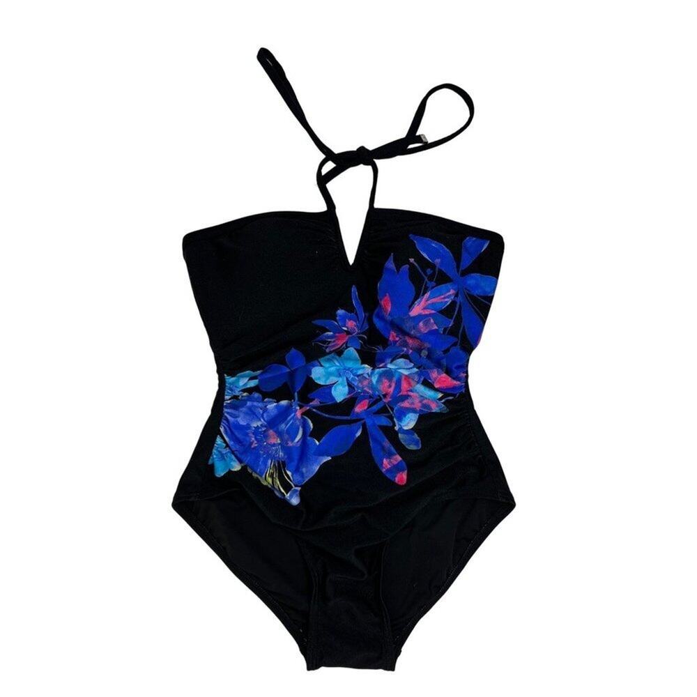 Calvin Klein Blue and Black Floral V-Wire Halter Swimsuit 4